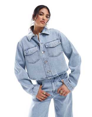 Cropped Light Weight Denim Blouse - Mid Wash Blue