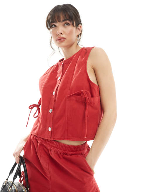 ASOS DESIGN denim cropped vest in red