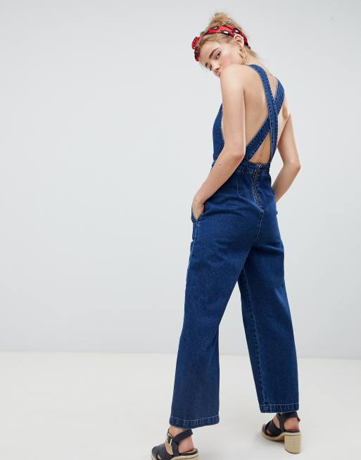 Denim Jumpsuit w/ Criss Cross Back - Blue Denim - Miss Monroe Boutique