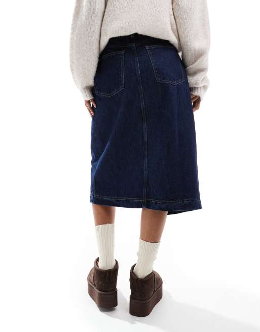 ASOS DESIGN denim cross over waistband skirt in indigo, 4 of 5