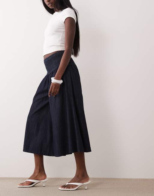 ASOS DESIGN denim culotte jeans with shirred waistband in indigo, 3 of 5