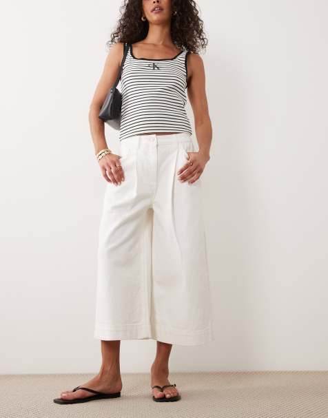 ASOS DESIGN - Denim culotte met wijde pijpen in crème - view 1