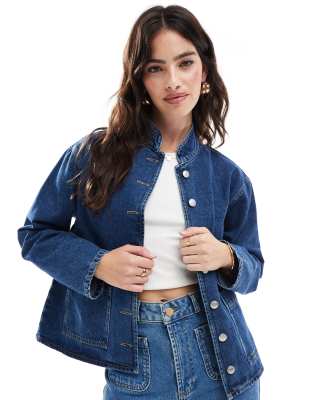 denim curved collar jacket in indigo-Blue