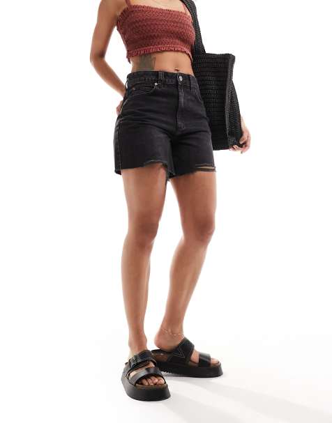 High Waisted Ripped Frayed Edge Denim Hotpants Shorts Black