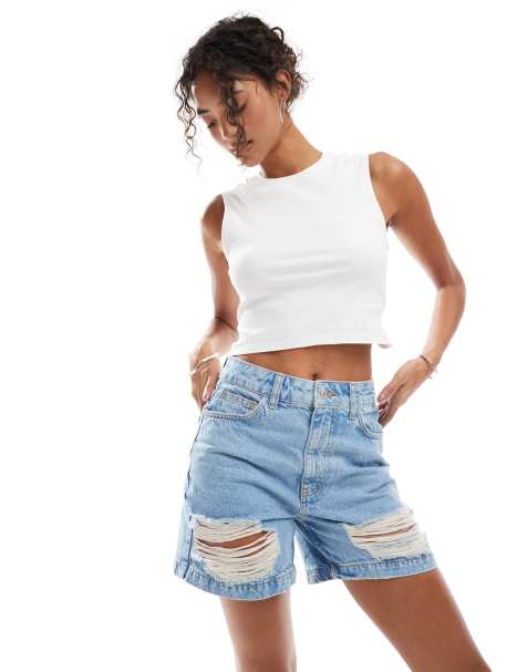 ASOS DESIGN denim dad shorts in light mid wash with rips - view 1