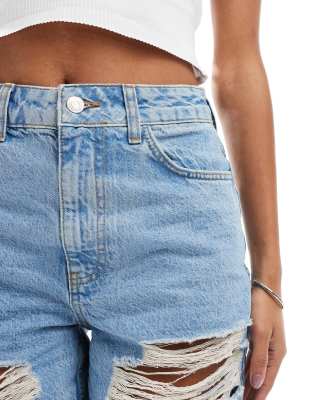 Asos Design Denim Dad Shorts In Blue