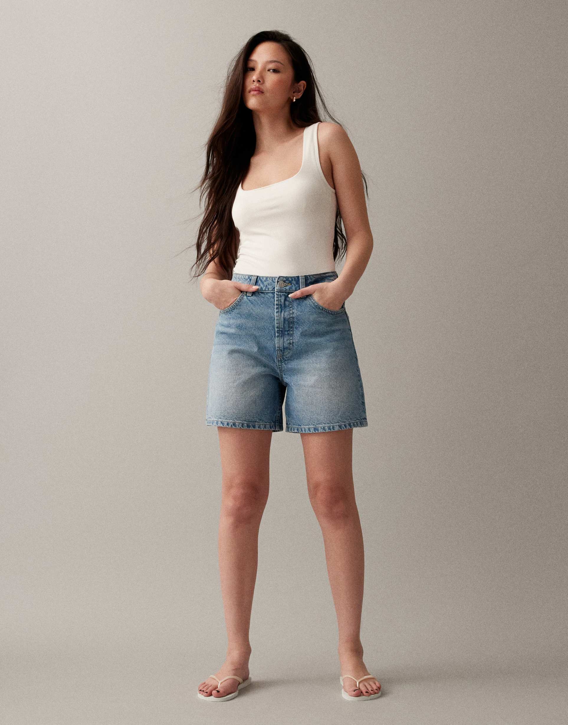 asos design denim dad shorts in mid blue