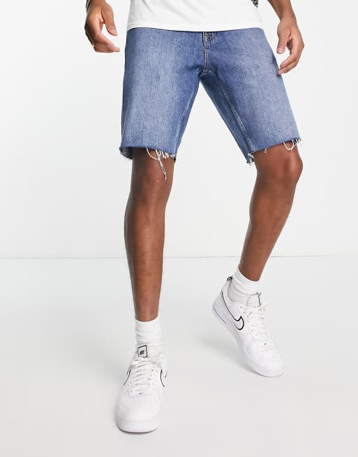 ASOS DESIGN denim dad shorts in mid wash with raw hem , 4 of 4