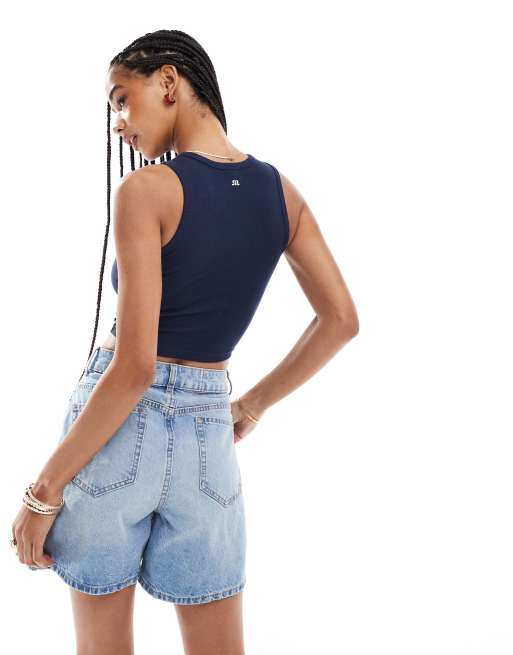 ASOS DESIGN denim dad short in midwash blue