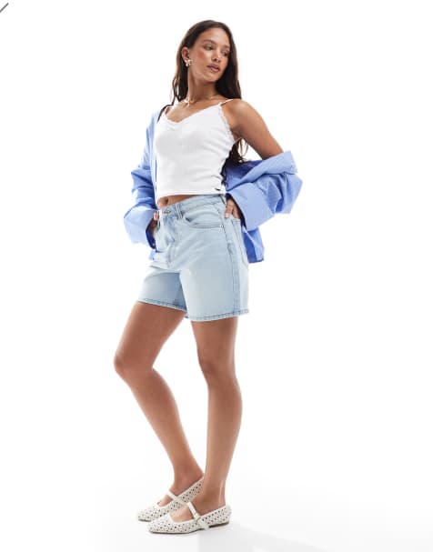 ASOS DESIGN denim dad shorts in midwash blue - view 1