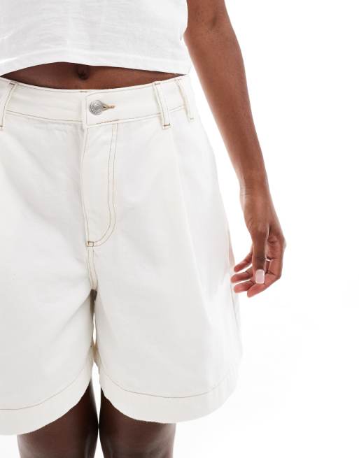 ASOS DESIGN denim dad shorts with pleated front in ecru, 2 of 5
