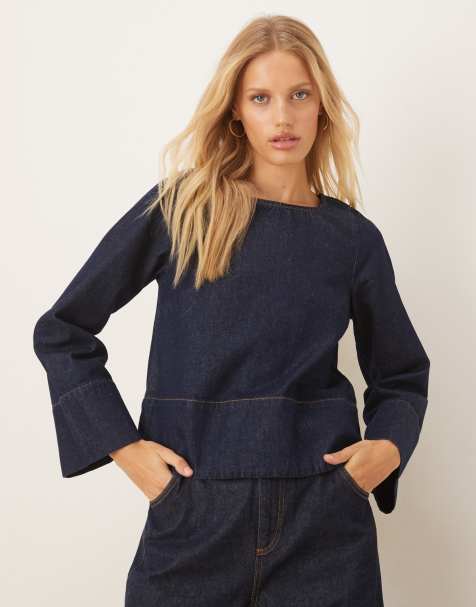 ASOS DESIGN denim deep hem flare sleeve top in rinse wash - view 1