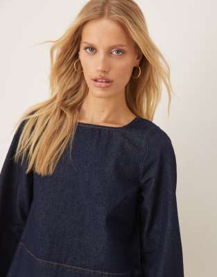 Asos Design Denim Deep Hem Flare Sleeves Top In Blue