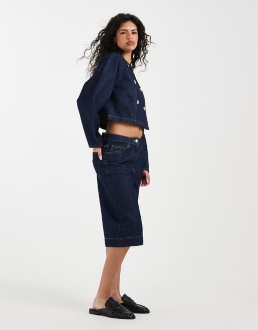 ASOS DESIGN denim double breasted cocoon sleeve jacket in indigo, 4 of 4