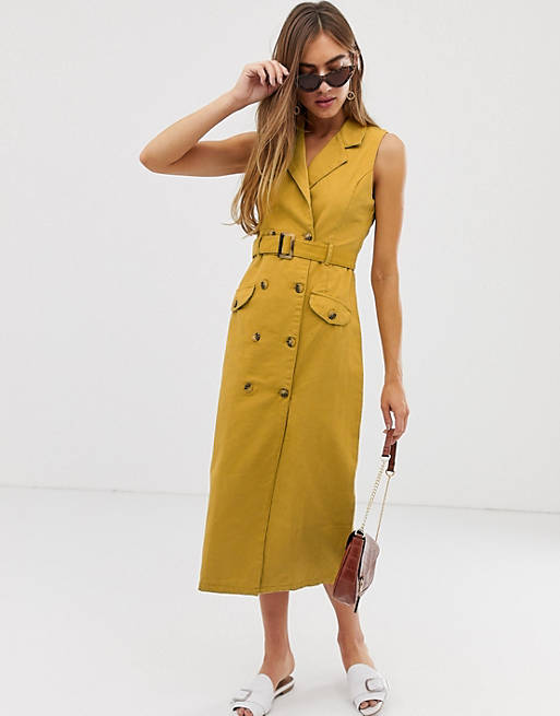 ASOS DESIGN denim double breasted midi dress with mock horn buttons in mustard