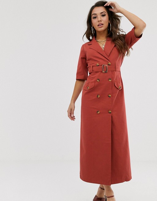 ASOS DESIGN denim double breasted midi dress with short sleeve in rust