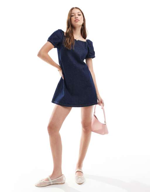 ASOS DESIGN denim dress with puff sleeves in mid blue