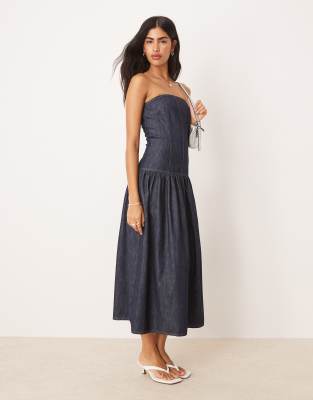 Asos Design Denim Drop Waist Bandeau Maxi Dress