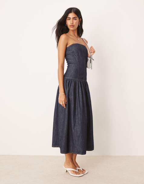 ASOS DESIGN denim drop waist bandeau maxi dress in indigo rinse - view 1