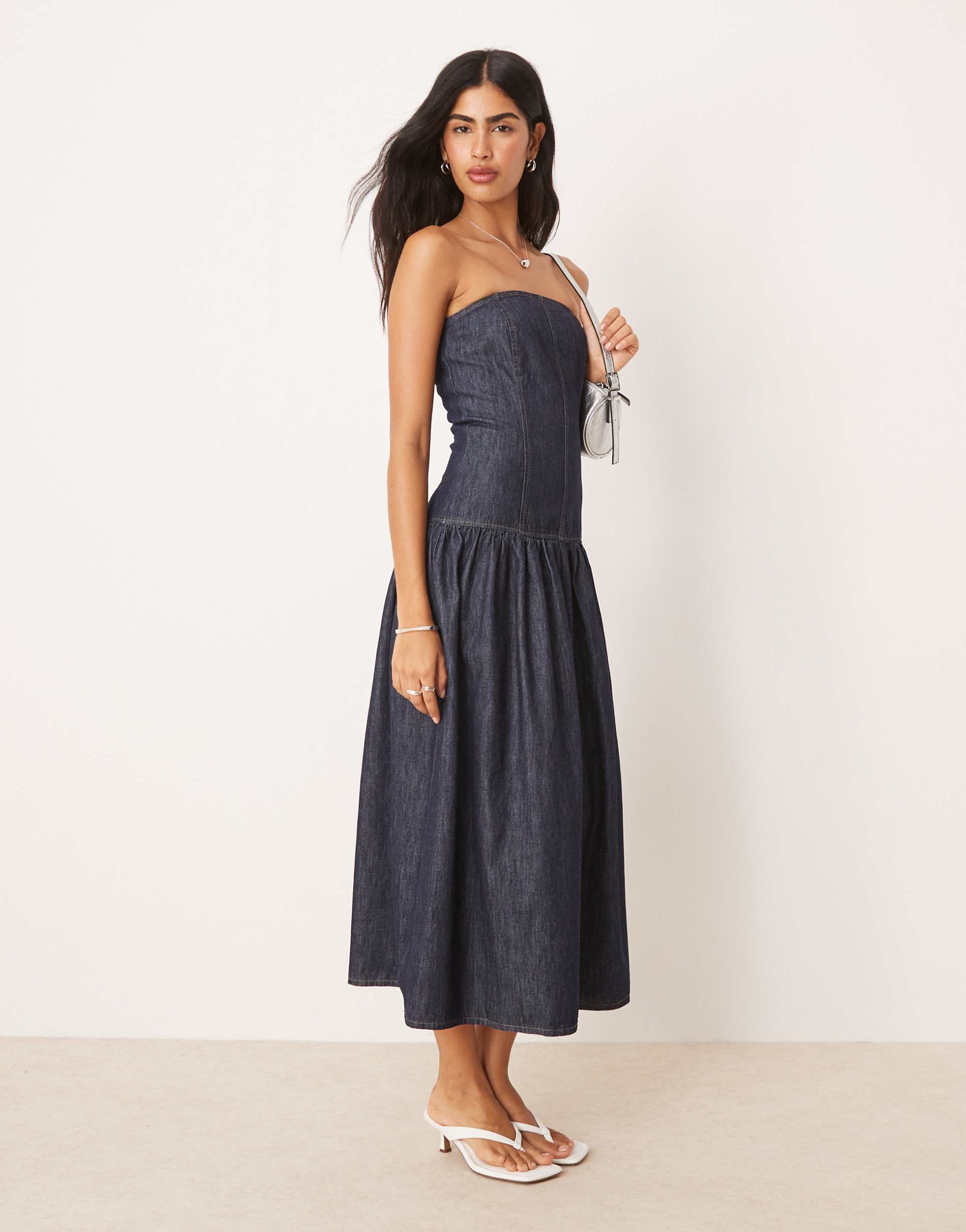 asos design denim drop waist bandeau maxi dress in indigo rinse