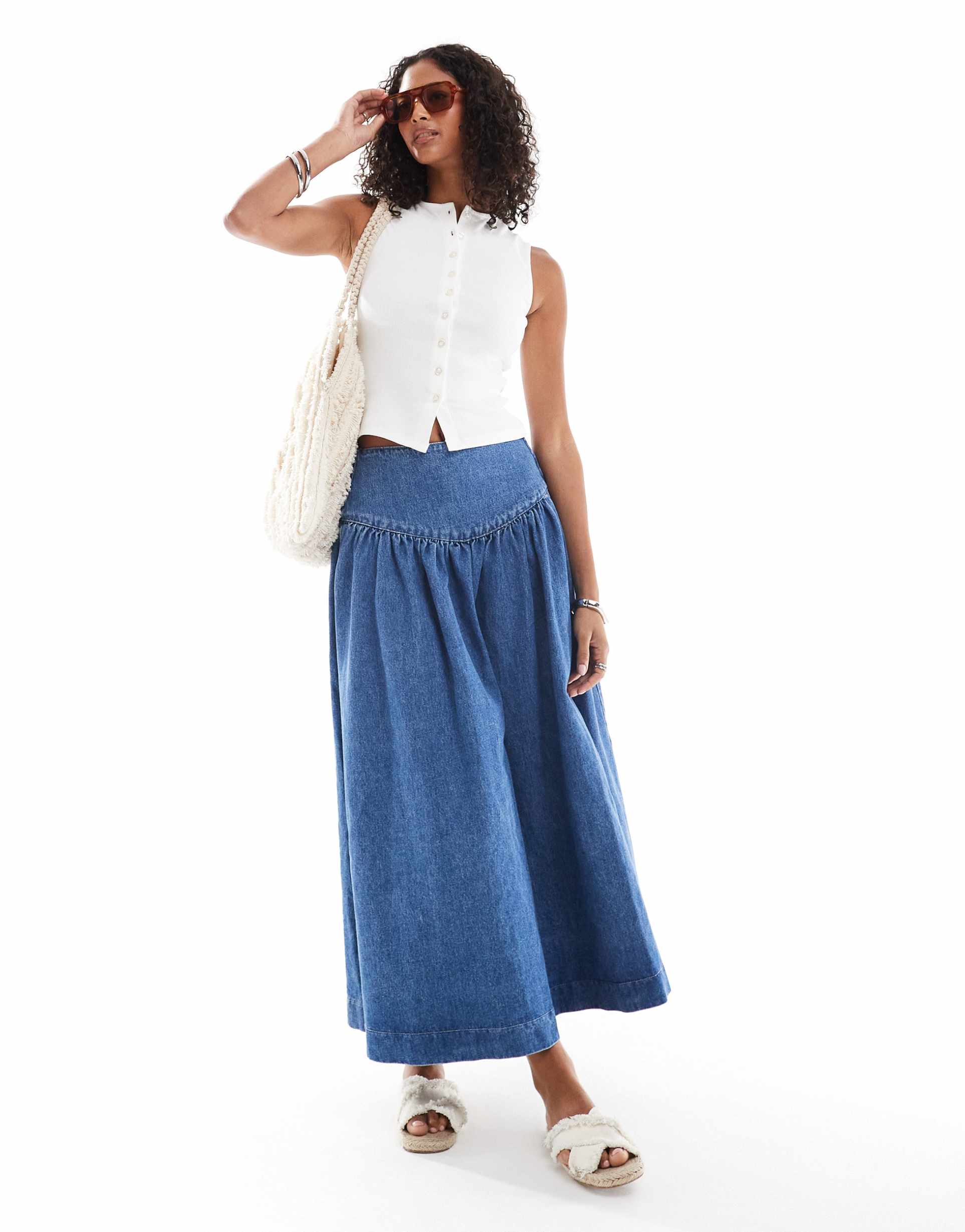 asos design denim drop waist maxi skirt in mid blue