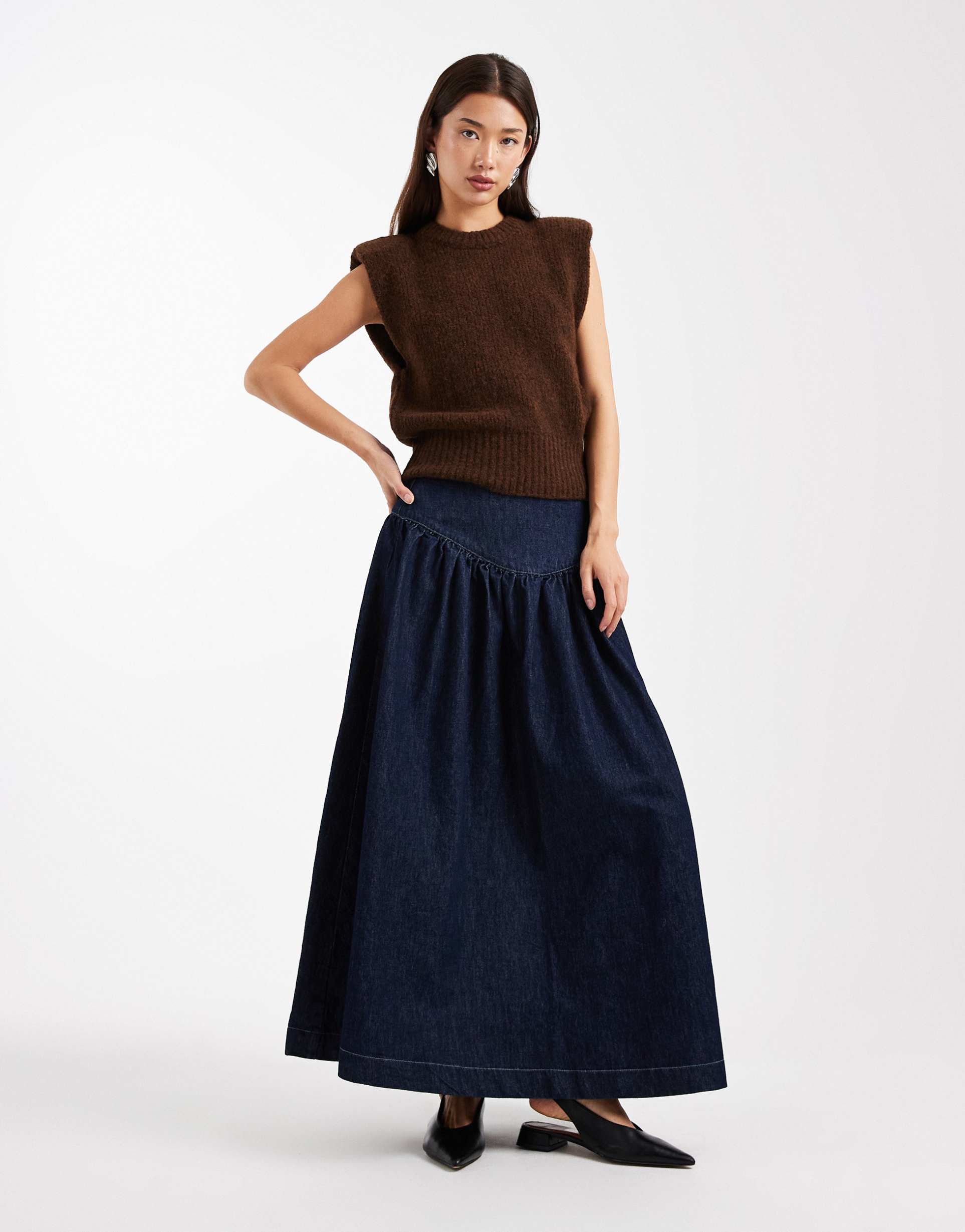 asos design denim drop waist maxi skirt in rinse