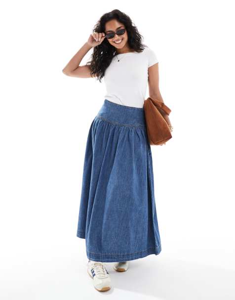 ASOS DESIGN denim drop waist maxi skirt with linen in midwash blue - view 1