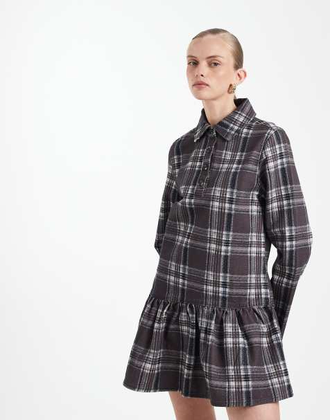 ASOS DESIGN denim drop waist mini dress in check print