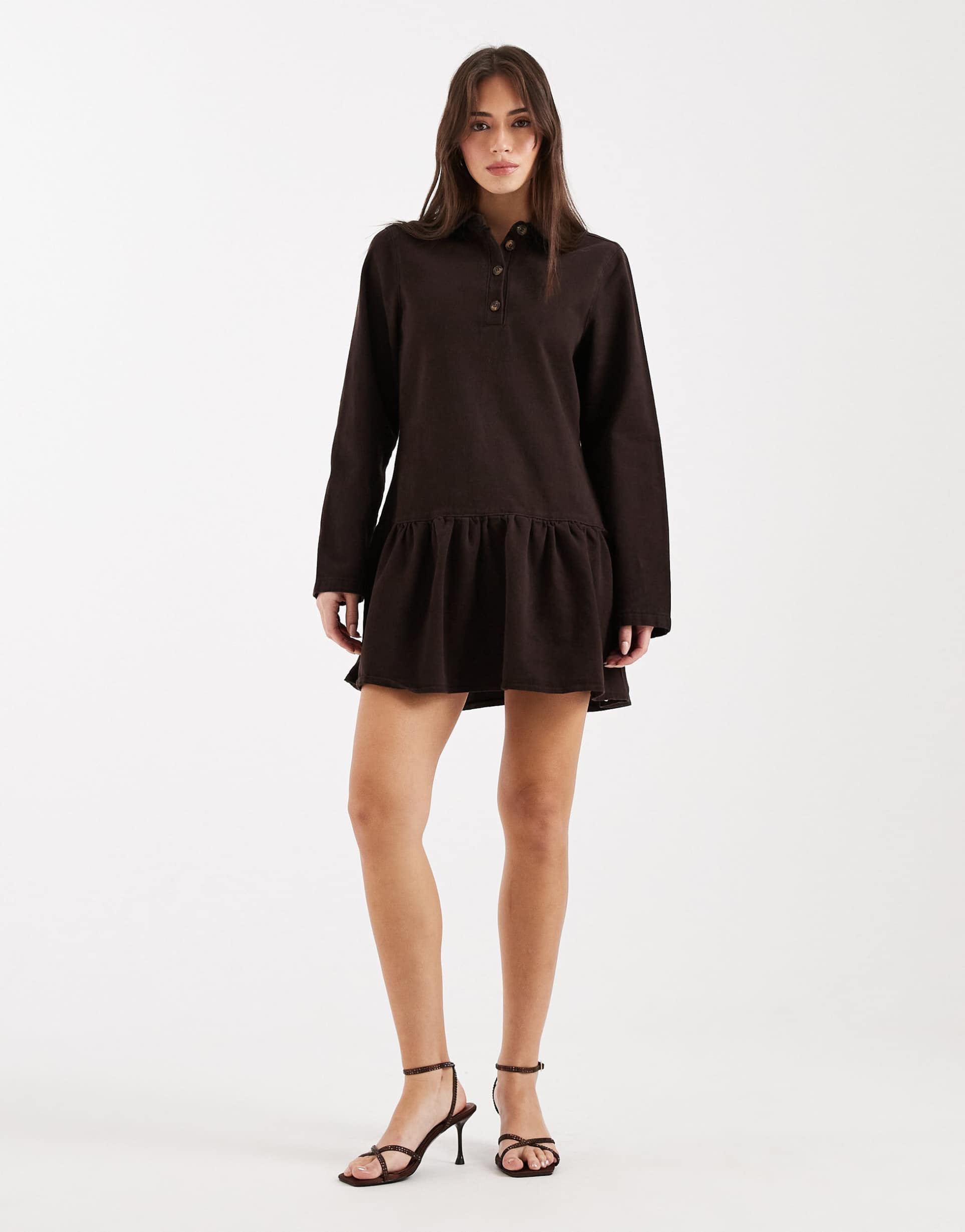 asos design denim drop waist mini dress in long sleeve in brown