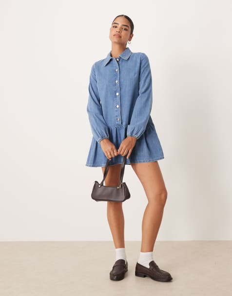 ASOS DESIGN denim dropped waist long sleeve mini dress in indigo - view 1