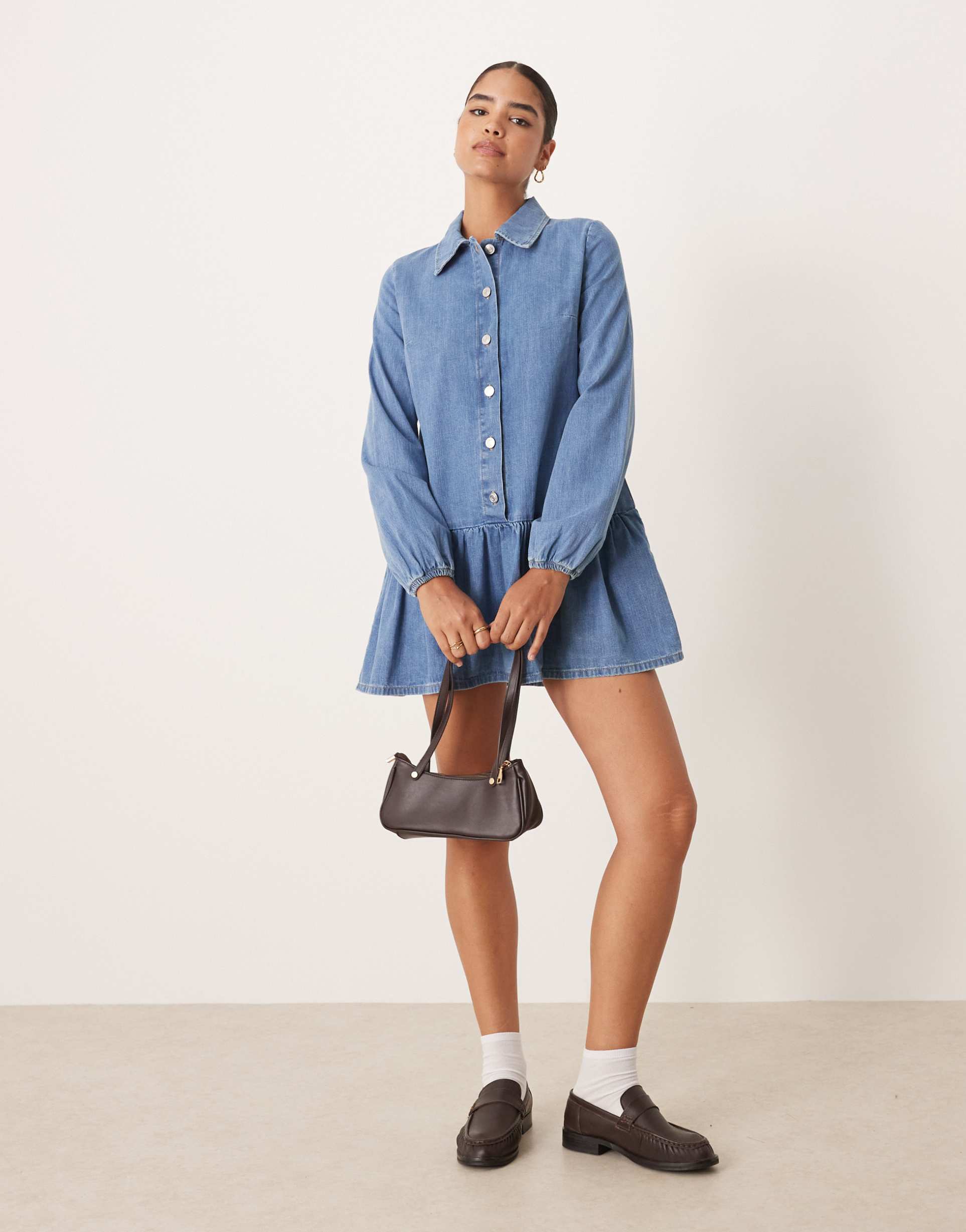 asos design denim dropped waist long sleeve mini dress in indigo
