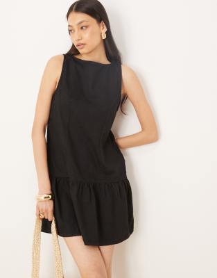 Asos Design Linen Blend Drop Waist Mini Dress In Black