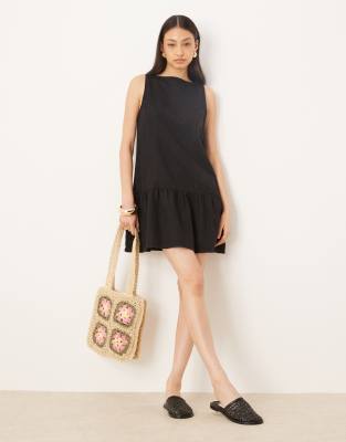 Asos Design Linen Blend Drop Waist Mini Dress In Black