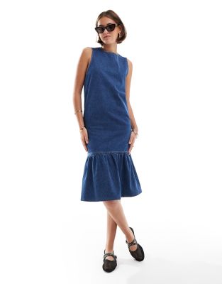 denim dropwaist midi dress in indigo-Blue