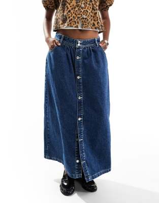 denim dropwaist midi skirt in mid blue