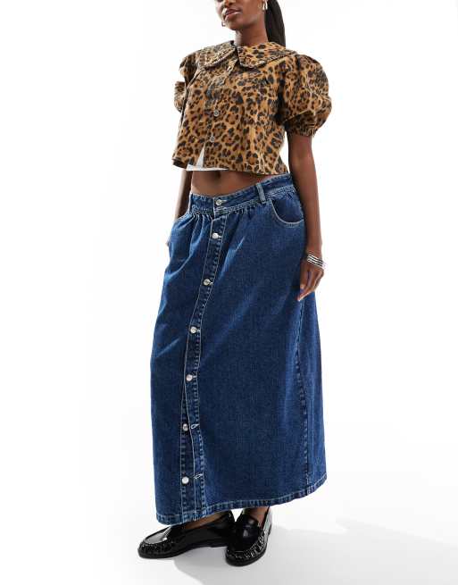 ASOS DESIGN denim dropwaist midi skirt in mid blue