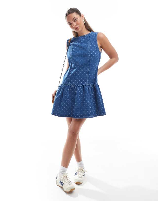 asos blue polka dot dress DESIGN denim dropwaist mini in print it offers comfort and Sizes:8 21st Birthday Dresses new-image