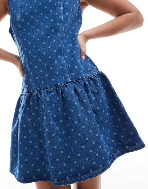 ASOS DESIGN denim dropwaist mini dress in blue polka dot print | ASOS
