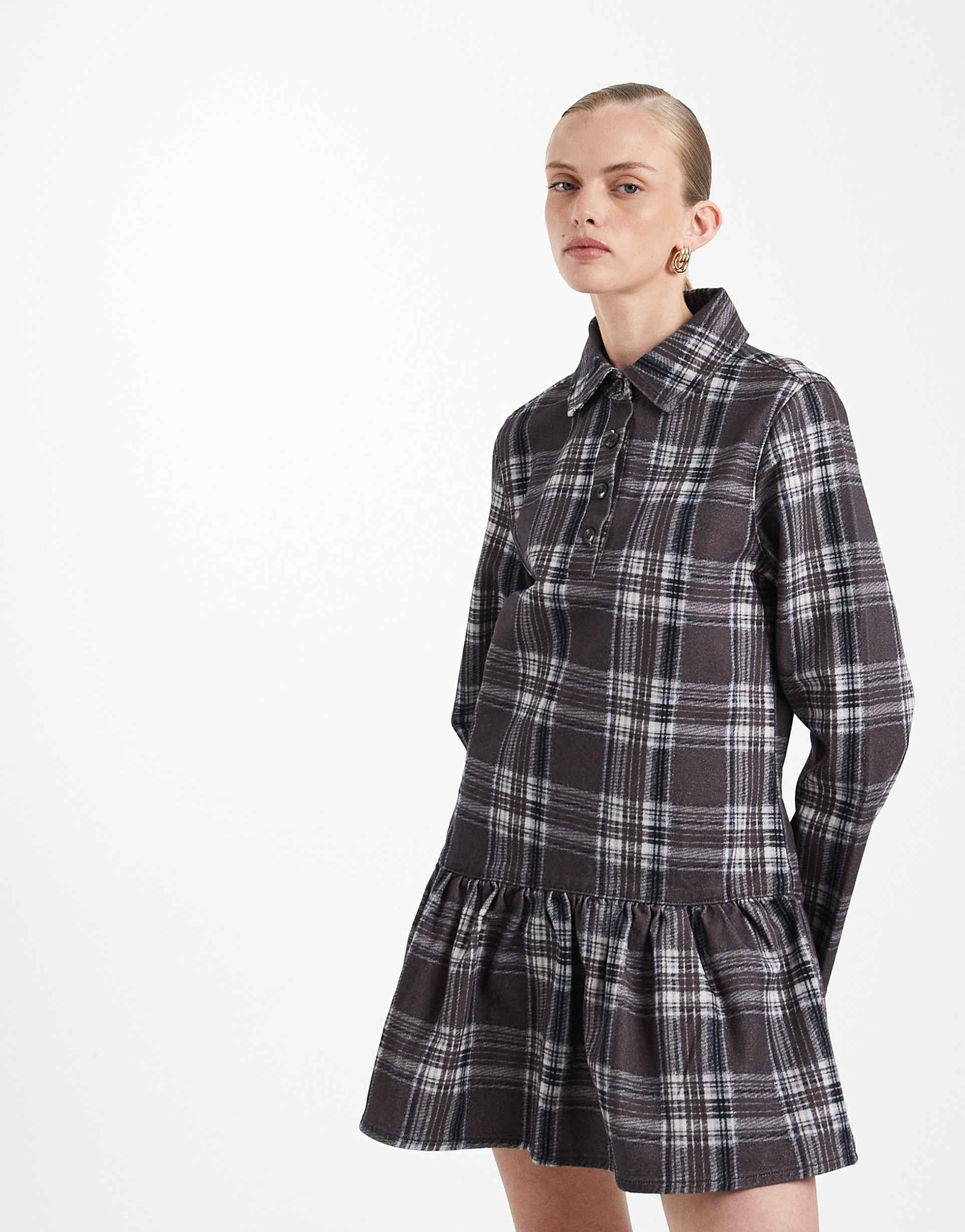 asos design denim dropwaist mini dress in plaid print