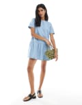 [ASOS DESIGN] ASOS DESIGN denim dropwaist t-shirt mini dress in bleach-Blue 12 Bleach