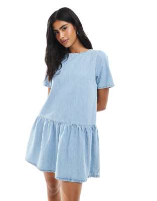 ASOS DESIGN denim dropwaist T-shirt mini dress in bleah