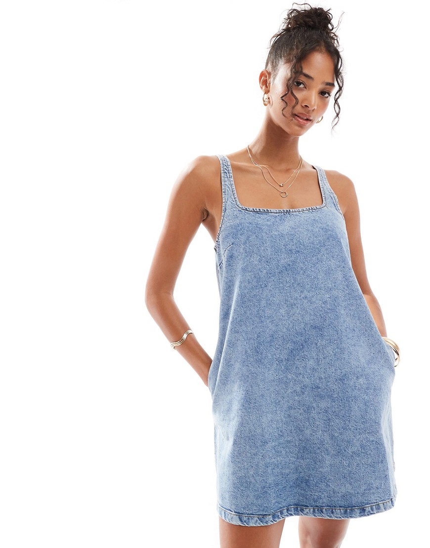 Asos Design Denim Dungaree Dress In Midwash Blue