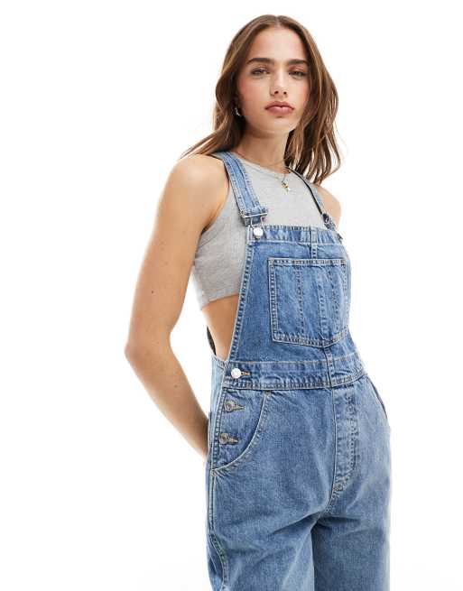 ASOS DESIGN denim dungaree in mid blue, 3 of 4