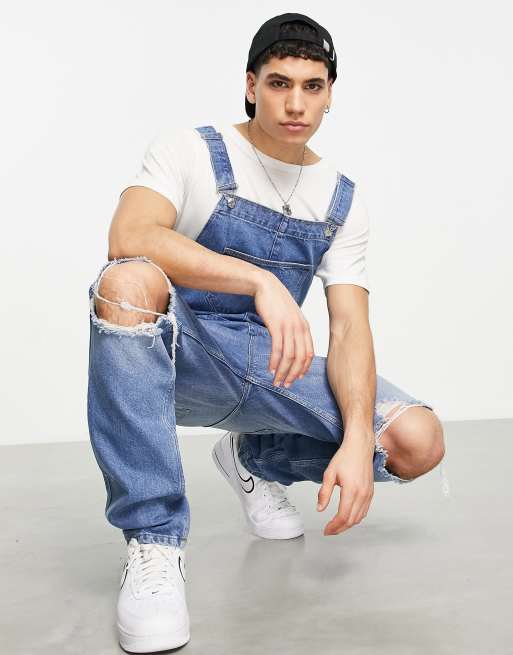 ASOS DESIGN Plus denim dungaree shorts in mid wash, ASOS