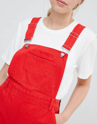 red denim dungaree dress