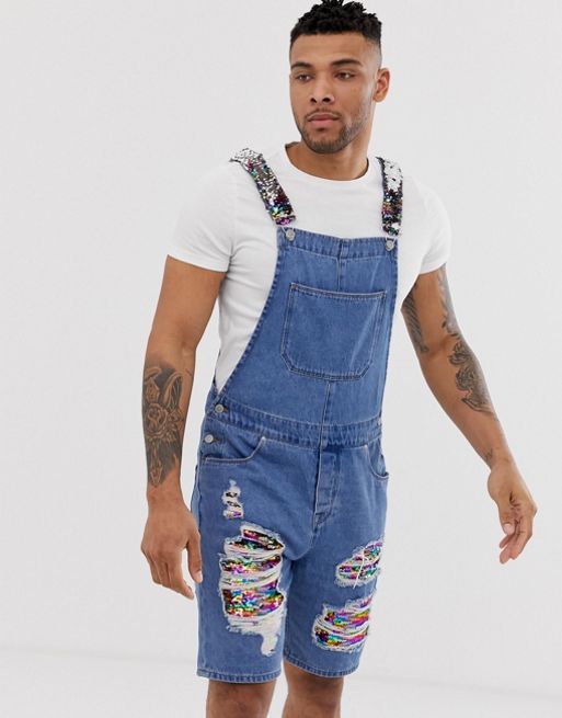 ASOS DESIGN Plus denim dungaree shorts in mid wash, ASOS