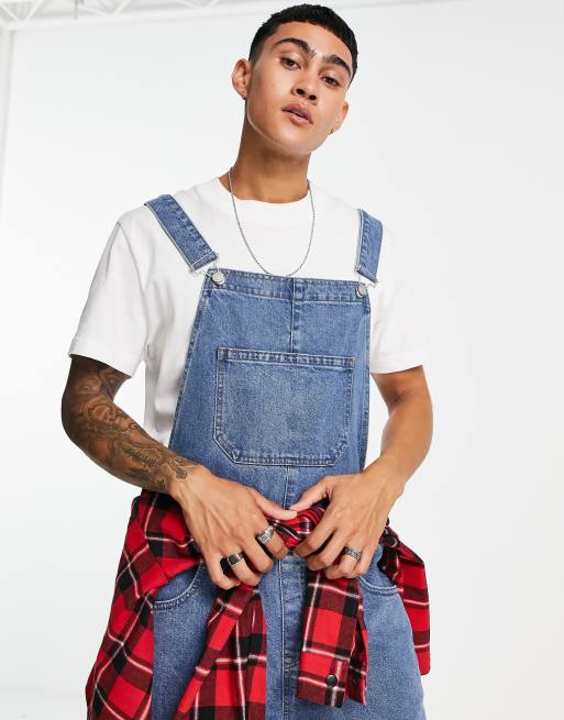 ASOS DESIGN Plus denim dungaree shorts in mid wash, ASOS