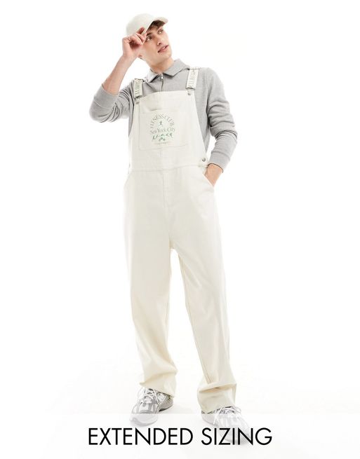 FhyzicsShops DESIGN denim dungarees with badge embroidery in ecru