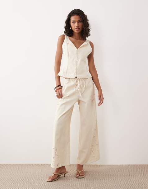 ASOS DESIGN denim embroidered pants in ecru (part of a set) - view 1