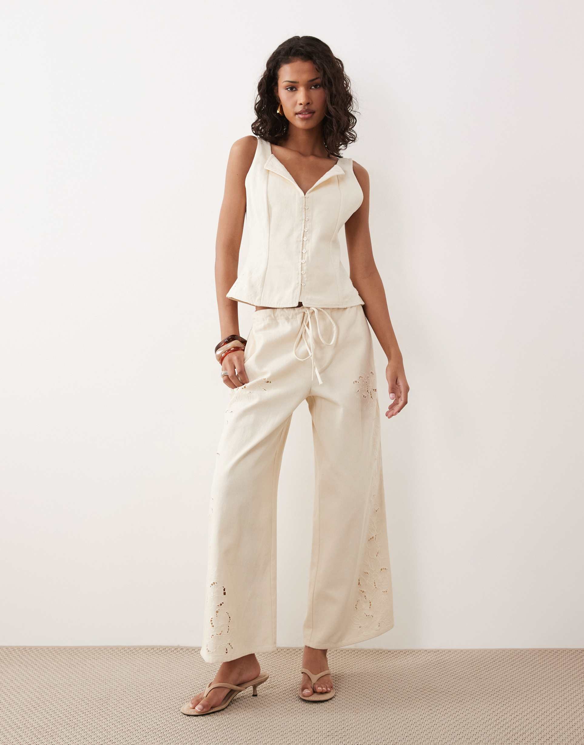 asos design denim embroidered pants in ecru - part of a set